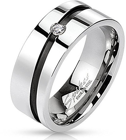 Bungsa 54 (17.2) Edelstahl Kristall Ring mit diagonal schwarzem Mittelring Silber hochglanzpoliert Damen Herren Partnerringe (Ring Damen Fingerring Partnerringe Verlobungsringe Trauringe Damenring)