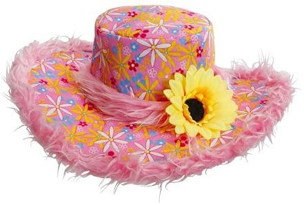Widmann 2598E - Hut Ibiza, mit Plüschrand und Sonnenblume, Rosa, Partyhut, Kopfschmuck, Accessoire, Karneval, Mottoparty