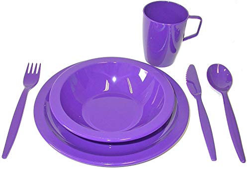 Purple Camping Dining Set - Plate, Bowl, Beaker and Cutlery - Reusable Virtually Unbreakable Tableware