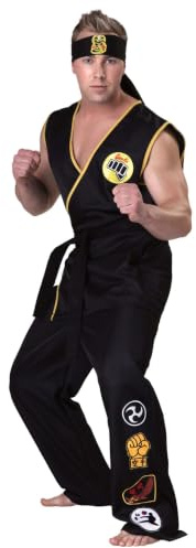 Adult Cobra Kai Fancy Dress Costume Mens, Official Karate Kid Sleeveless Black Gi Uniform Halloween Outfit X-Large