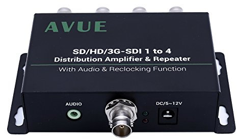 AVUE Repetidor y extensor de distribución 3G-SDI/HD-SDI/SDI 1x4 con función de rereloj, cada uno se extiende hasta 350 pies.