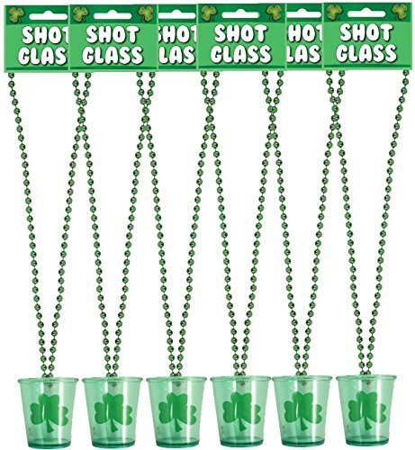 6 x St Patricks Day Shot Glasses Novelty Irish Shamrock Drinking Glass with Necklace