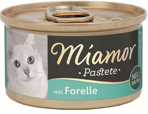MIAMOR - Pastete | Nassfutter für ausgewachsene Katzen mit natürlichem Taurin. Getreidefreies Alleinfutter in der Dose ohne Soja und künstliche Zusätze | 12x85g Forelle