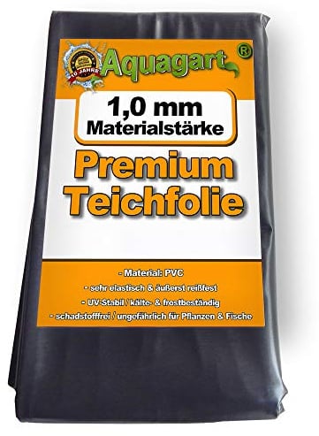 Hochwertige PVC Teichfolie 1,0mm Stärke 6m x 2m I Fisch und Pflanzenfreundlich, UV- und witterungsbeständig I Schwimmteich Folie Gartenteich Teichplane schwarz I Aquagart Garten- und Teichzubehör