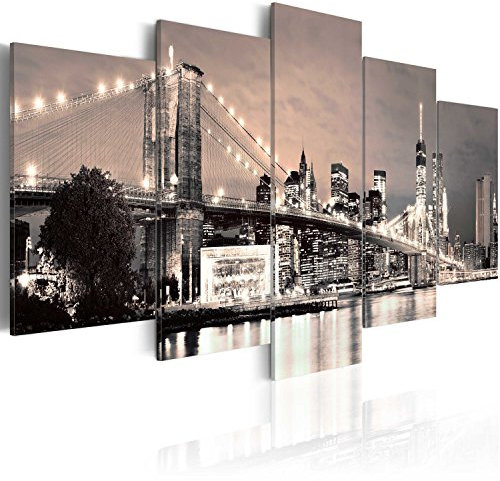 murando - Wandbilder XXL New York City 100x50cm 5 tlg - Wand Deko Leinwand Bilder Groß Wanddeko Wohnzimmer Schlafzimmer Kunstdrucke - City Brooklyn Bridge Brücke Stadt Nacht Lights