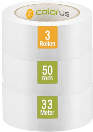 Colorus 3 x PVC-Schutzband PLUS | Putzband 50 mm x 33 m weiß gerillt | Putzerband Abdeckband leicht abreißbar | Klebeband für Innen und Außen | 14 Tage UV-Beständigkeit | Abklebeband Putz