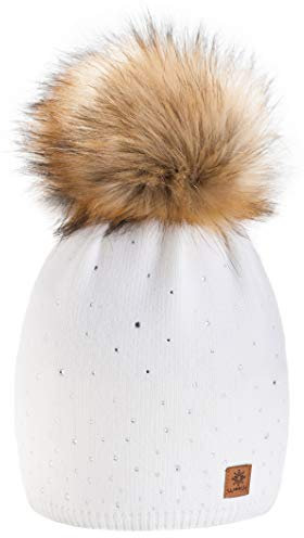 morefaz Wurm Winter Strickmütze Mütze Damen Kristalle Kiesel mit Große Bommel Pompon l SKI (Ecru) (MFAZ Ltd)