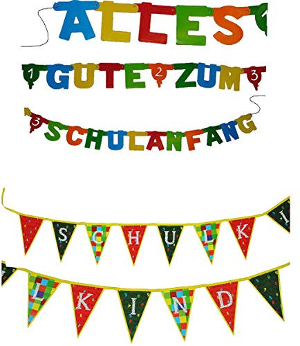 2 TLG. Set: Girlande Alles Gute zum Schulanfang + Girlande Schulkind für Kinder Party Schuleinführung Schule Fest Schulbeginn Deko