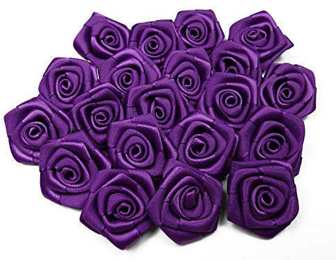 Rosen 3 cm x 10 Stück Satinrosen Aufnäher Deko Blumen Röschen zum Basteln Hochzeit kleine Rosenköpfe Farbe: Lila Purpur 465