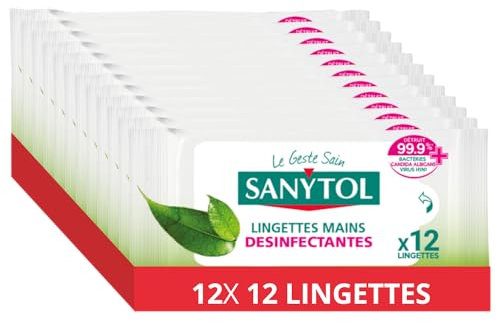 Sanytol - Lingettes Désinfectantes Hydratantes Mains - Bactéricide, Virucide, Fongicide - Sans Rinçage - Parfum Thé Vert - Format Compact Pratique - x 12 - Lot de 12