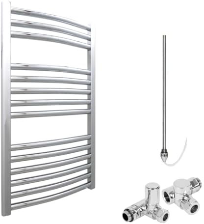 Bray Curved Dual Fuel Heated Towel Rail/Warmer/Radiator, Chrome. Round Tube, High Output, For Bathroom, Kitchen, 800 x 500