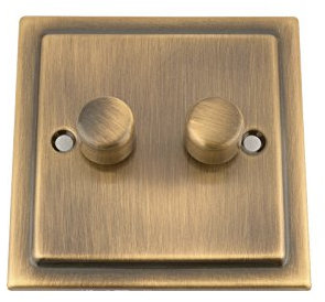 Light Dimmer Switch 2 Gang 2 Way 10 Amp - Push On/Off 400W - Victorian - Antique Brass