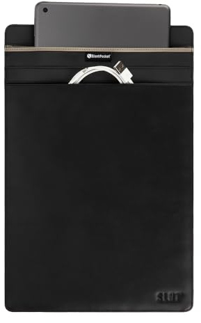 SLNT Faraday Bag Tablet Sleeve with Silent Pocket - Leather Signal Blocking Device Shielding for iPad, Samsung Galaxy Tab, Most Tablets, Travel, Privacy (Black Leather, X-Large) | Multishield Faraday Lining, Magnetic Closure, Exterior Storage Pocket, Fits Most Tablets