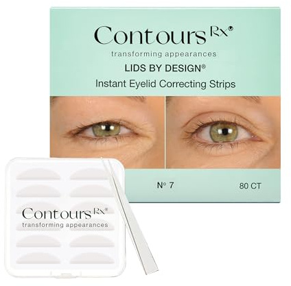 Contours Rx Lids by Design Eyelid Lift Strips with Travel Case and Tweezers - Invisible Eyelid Tape for Hooded Eyes - a Youthful-Looking Appearance - 80 CT (7mm)
