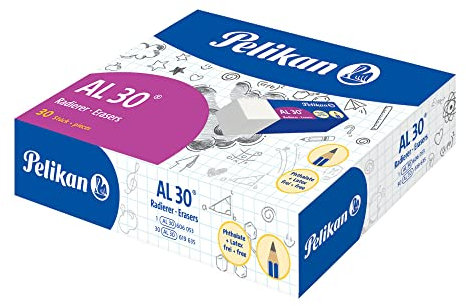 Pelikan Radiergummi, AL 30, weißer Gummi, für Graphitstifte, technisches und künstlerisches Design, für Kinder geeignet, 30 Stück, Größe 43 x 17 x 12 mm
