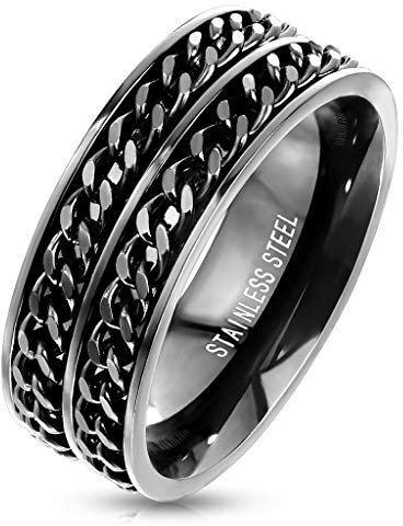 Bungsa Spinner-Ring mit doppelter Königskette schwarz aus 316L Edelstahl | Wählbare Größen: 57 60 62 64 67 70 72