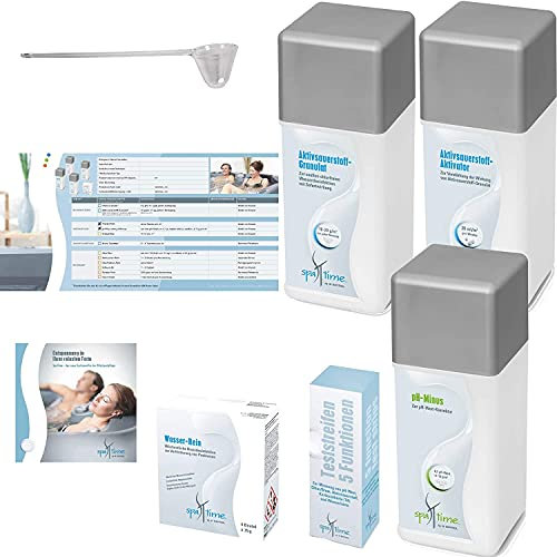 SpaTime MEGA-SPAR-SET Aktivsauerstoff-Pflege 5,1 kg - BAYROL Spa Time - Starter Set für die Whirlpoolpflege mit Sauerstoff - pH-Minus - Teststreifen mit 5 Funktionen - Wasser-Rein - Kartuschen-Rein - Oberflächen-Rein