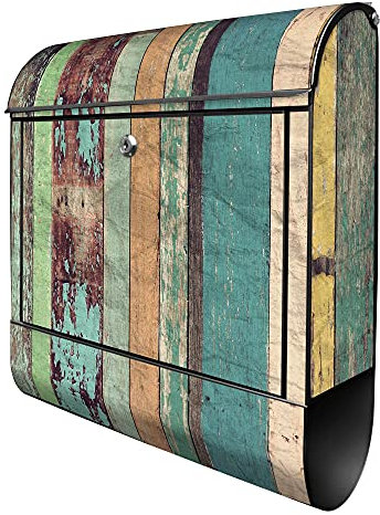 banjado® Design Briefkasten mit Bunte Bretterwand 38,5x46,5x13cm & 2 Schlüssel - Briefkasten Stahl schwarz mit Zeitungsfach pulverbeschichtet - Postkasten A4 Einwurf inkl. Montagematerial