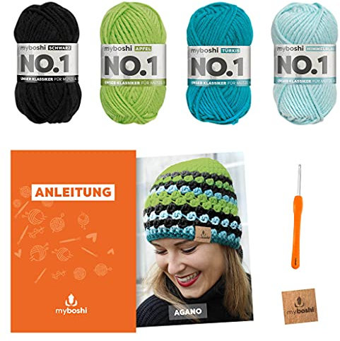 myboshi Häkelset Mütze Agano, inkl. No.1 Wolle, Nadel und Anleitung, für Mützen und Schals, Häkelpaket, 30% Merinowolle Grün, Schwarz, mit Häkelnadel