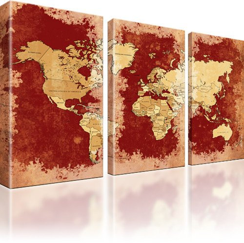Kunstlab Leinwandbild Weltkarte Wandbild 3-Teilig: 135x80 cm Rot