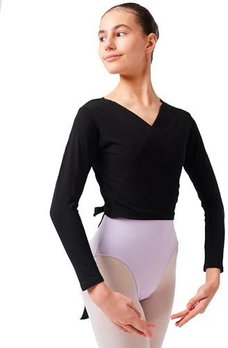 tanzmuster Ballett Wickeljacke Mädchen - Mandy - extra weicher Baumwollstoff - Ballettjacke zum Binden für Kinder - schwarz 104/110