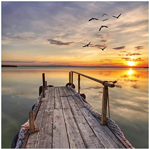 Wallario Sticker/Aufkleber für Kühlschrank/Geschirrspüler/Küchenschränke, Selbstklebende Folie - 60 x 60 cm, Motiv: Sonnenuntergang über dem See idyllischer Steg