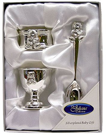 Jukiana - 6306T - Cadeau de Naissance / Baptême - Coquetier, Rond de Serviette en Plaqué Argent, Cuillière