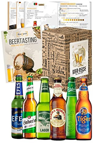 [ Boxiland ] Biere der Welt (6 x 0,33l) internationale Bier Spezialitäten zum verschenken - Beste Biere der Welt (Bier + Tasting-Anleitung + Bierbroschüre + Geschenkkarton)