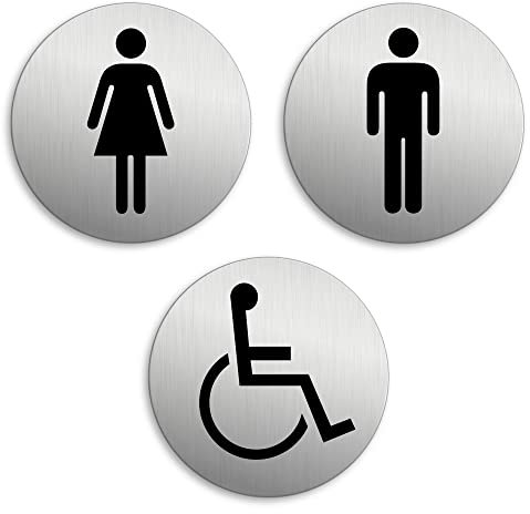 Targhetta per Porta - Toilette WC Donne Uomini Disabili Set di 3 Targa Ø 75 mm Alluminio spazzolato auto-adhesiva