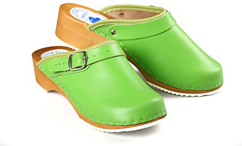 Aves-24 Clogs Pantolette Sandalette Holz + Leder Holzclogs Gr. 36-41 Holzschuhe (36, Grün)
