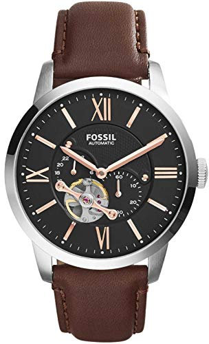 Fossil Townsman uhr für Herren, Mechanisches Automatikwerk mit Edelstahl- oder Lederarmband, Dunkelbraun, 45MM