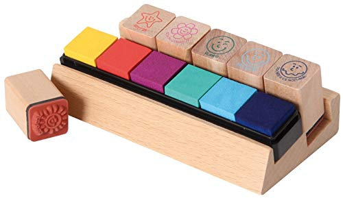TRENDHAUS 928009 Stempel Set, 6 Lehrerstempel mit bunten Stempelkissen, Holzstempel für Kinder, Für Lehrer