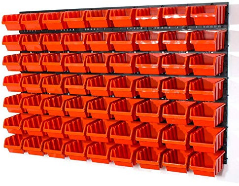 Set of 63 M size IN-Box storage bins and wall mounted louvre