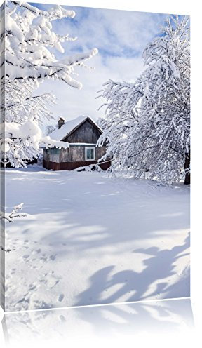Pixxprint Winterlandschaft mit Hütte, Größe: 120x80cm, Leinwandbild, fertig gespannt, Wandbild, Dekoration, Kunstdruck, kein Poster
