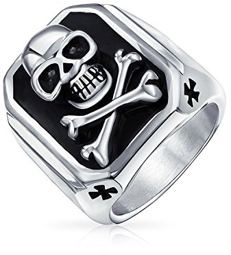 Bling Jewelry Personalizza Gioielli Moto Grande Per Gli Uomini Anello Di Teschio Con Ossa Crociate O Ciondolo Nero In Tono Argento Ossidato In Acciaio Inox