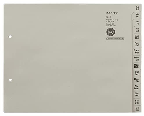 Leitz Register, Trennblätter mit Taben und alphabetischem Aufdruck A-Z für 12 Ordner, Halbe Höhe und Überbreite, Grau, 100% recyceltes Papier, Blauer Engel Siegel, 13120085