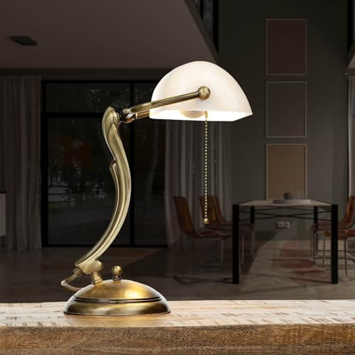 Premium Bankerleuchte Echt-Messing Glas in Bronze hell glänzend Weiß Arbeitszimmer Büro 35 cm E27 Zugschalter Jugendstil Tischlampe