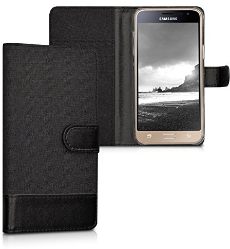 kwmobile Wallet Case kompatibel mit Samsung Galaxy J3 (2016) DUOS - Hülle mit Ständer - Handyhülle Kartenfächer Anthrazit Schwarz