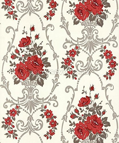 Red / Taupe / Cream - 617502 - Darcy - Floral Damask - Arthouse Wallpaper