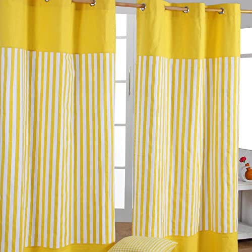 HOMESCAPES – Paire de Rideaux à œillets 100% Coton – Rayures Jaune – Prêt à Poser 137 x 228 cm
