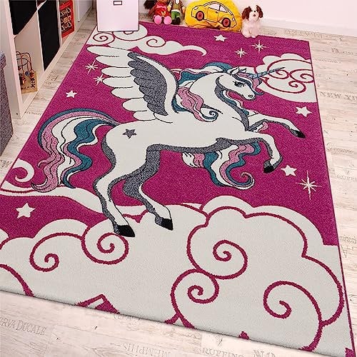 Paco Home Kinderzimmer Teppich für Kinder Das Kleine Einhorn Pink Creme Türkis, Grösse:160x230 cm