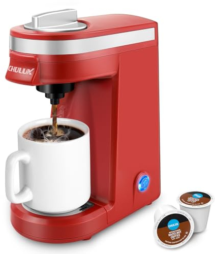 CHULUX Mini Single Cup Coffee Maker for K Pod, Perfect for Small Space, Red | Fast-Heating Boiler System, Single Cup Brewing, Portable Compact Design, Four-Hole Multi-Stream Needle, Adjustable Drip Tray