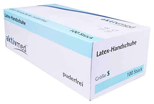 aktivmed Einweghandschuhe weiß, Größe S, Latexhandschuhe, 100 Stück/Box, Einmalhandschuhe in S für medizinische Zwecke, für Haushalt und Küche, puderfrei, Gummihandschuhe, Einweghandschuhe