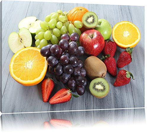 Pixxprint Bunte Obstmischung auf edlem Holztisch, Größe: 100x70cm, Leinwandbild, fertig gespannt, Wandbild, Dekoration, Kunstdruck, kein Poster