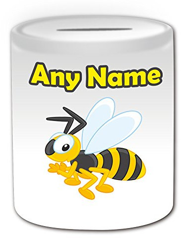 Spardose, Motiv: Biene, personalisierbar mit Namen, Weiß / Gelb
