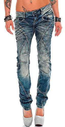 Cipo & Baxx Damen Jeans Slim & Regular Fit Stretch Used Look | Stylische Hosen mit Ziernähten, Zippern, bequemer Passform, modischem Design für Alltag und besondere Anlässe