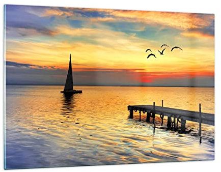 Quadri Moderni Soggiorno Spiaggia paesaggio acqua ponte Quadro su Vetro 120x80cm Stampe da Parete in Vetro Camera da Letto Cucina 1 pezzo Wall Art Grandi XXL Decorazione Murale Immagini GAA120x80-2535