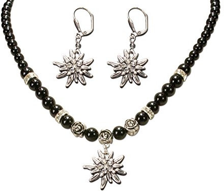 Alpenflüstern Trachtenschmuck-Set Perlen-Trachtenkette und Trachten-Ohrhänger Strass-Edelweiß - Damen-Trachten-Schmuck, Trachtenset Dirndl-Kette und Trachten-Ohrringe schwarz SET005