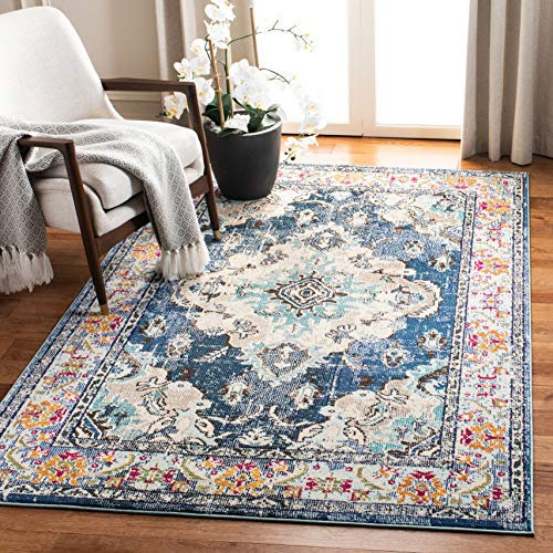 SAFAVIEH Boho Teppich für Wohnzimmer, Esszimmer, Schlafzimmer - Monaco Collection, Kurzer Flor, Marineblau und Hellblau, 201 X 279 cm