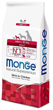 Monge Natural Superpremium Adult Rich IN Chicken, Hundefutter für alle Rassen (Trockenfutter für Hunde unter 10 kg, mit Huhn, sehr Ballaststoff- & Vitaminreich, 7,5 kg)